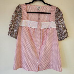 H By Halston Orange Square Neck, White Eyelet Trim, SS Blouse Medium